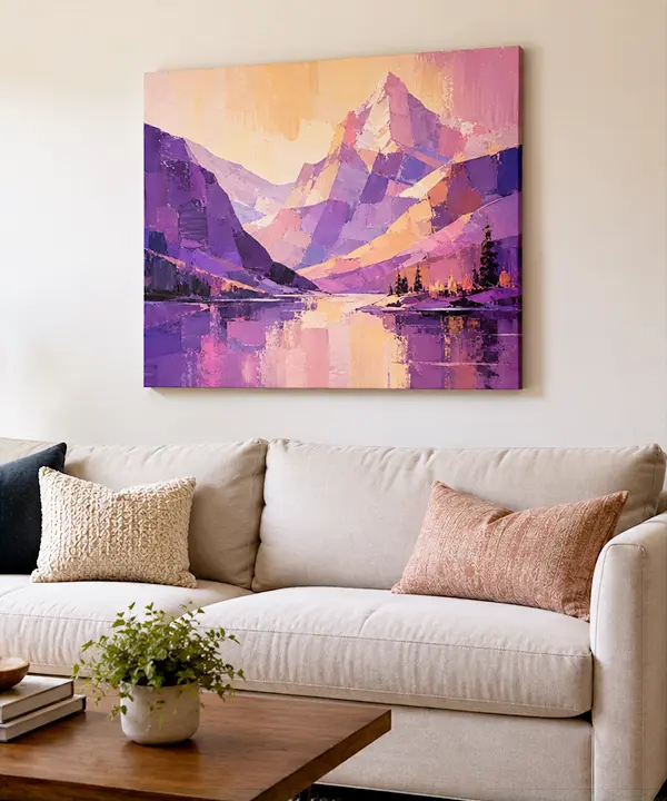 Abstract purple and peach Alpine landscape canvas print displayed above a neutral sofa in a cozy living room.