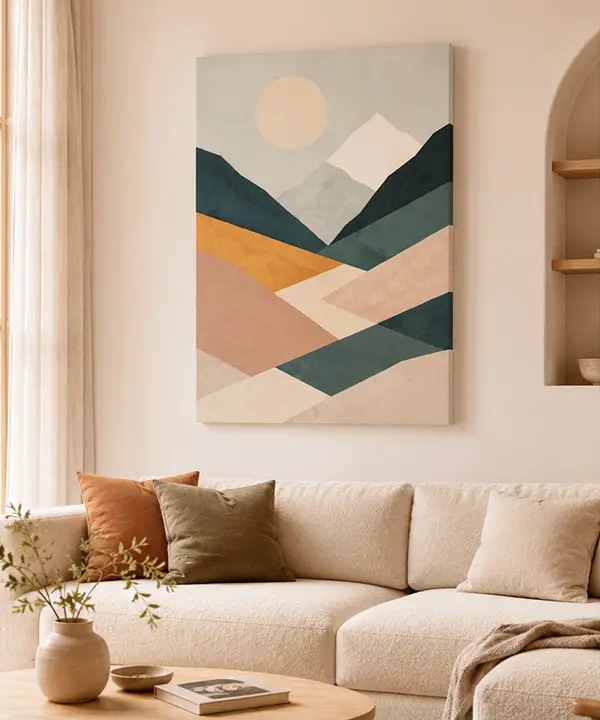 Minimalist geometric mountain canvas print above a beige sofa in a bright modern living room by Visioneria.