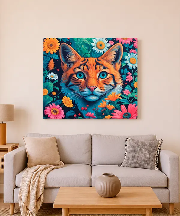 Colorful tiger and floral canvas print above a light sofa in a warm Scandinavian-style living room.