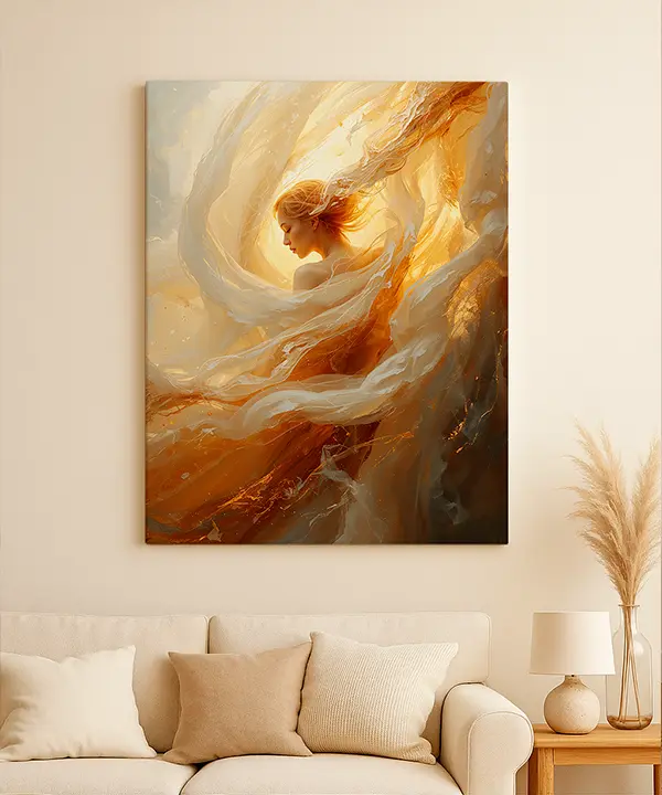 Warm golden abstract canvas print above a cream sofa in a soft neutral living room with natural decor.