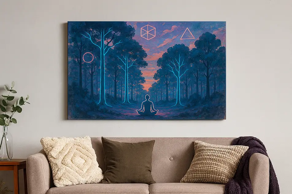 Toile unique créée sur Visioneria, accrochée au mur